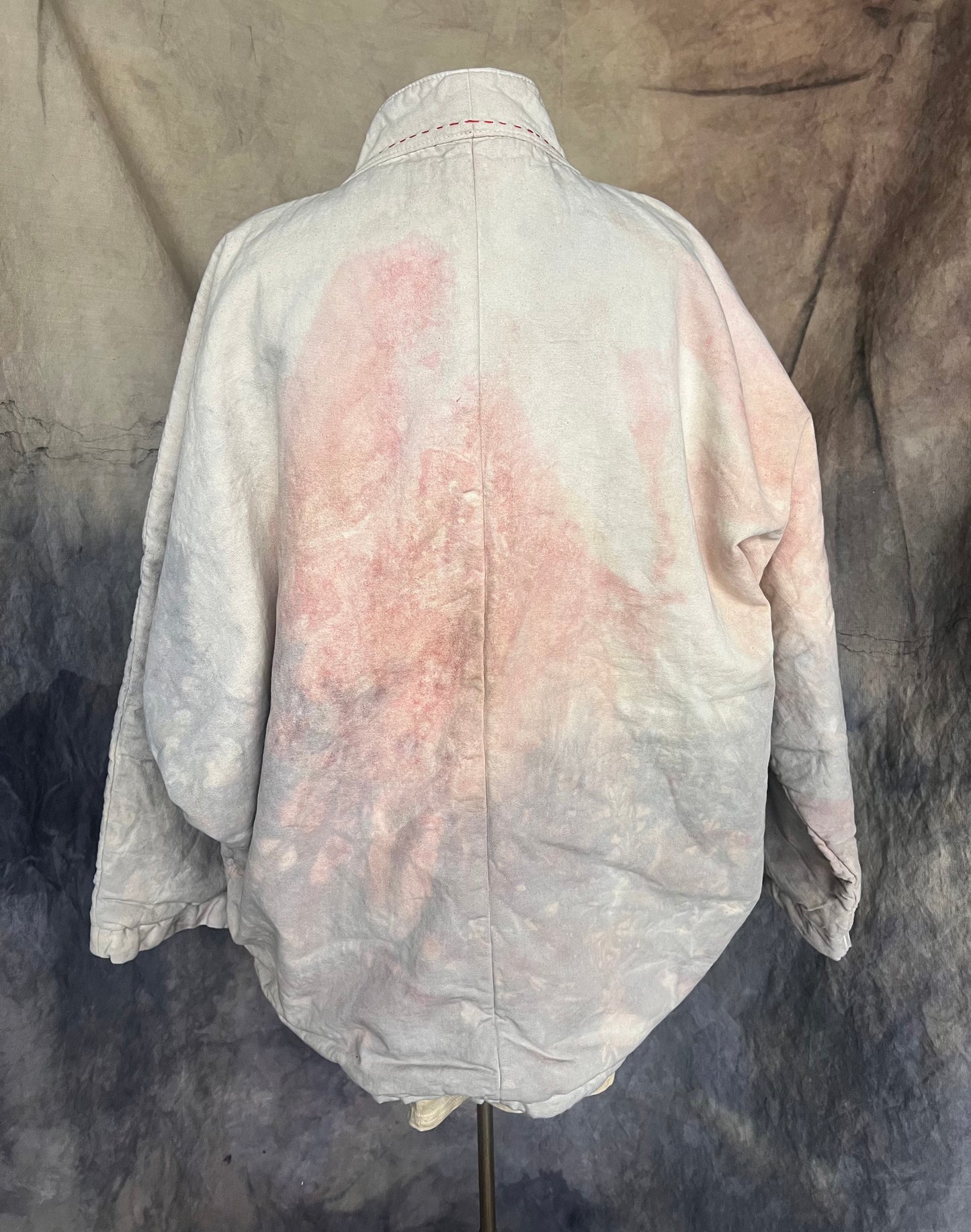 back view of kimono style coat naturally dyed with pink and grey cloud pattern