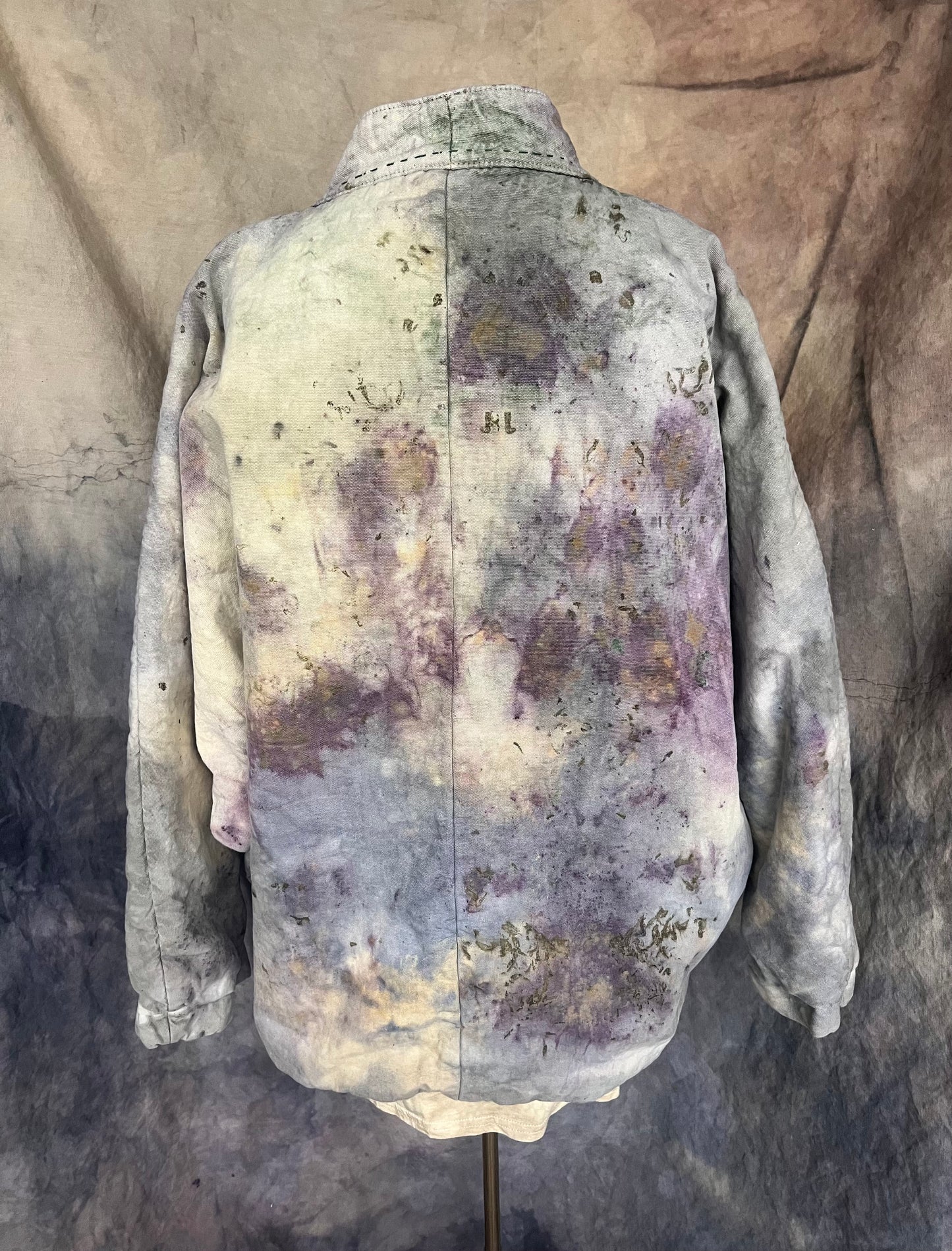 Back view of naturally dyed kimono style blanket coat. 