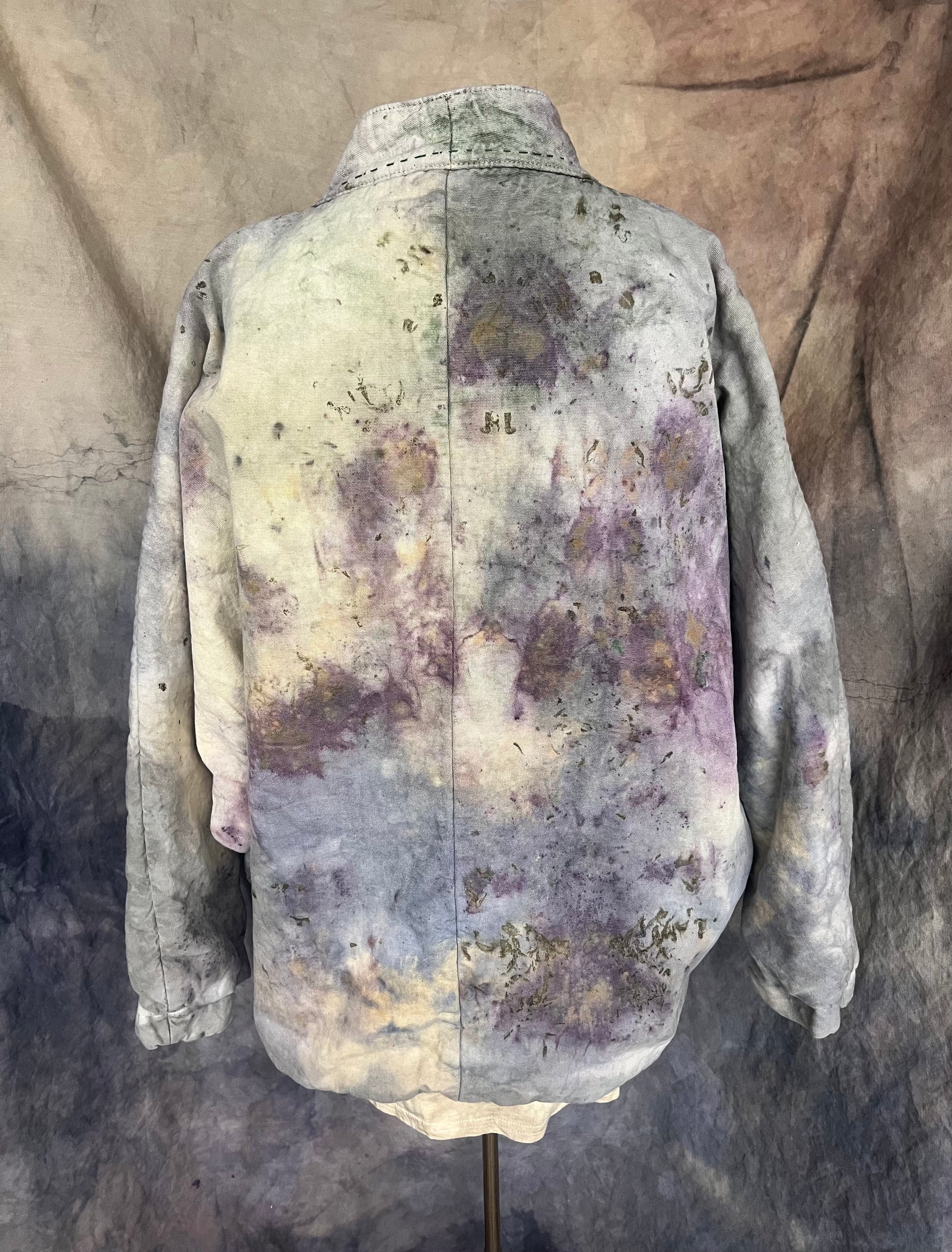 Back view of naturally dyed kimono style blanket coat. 