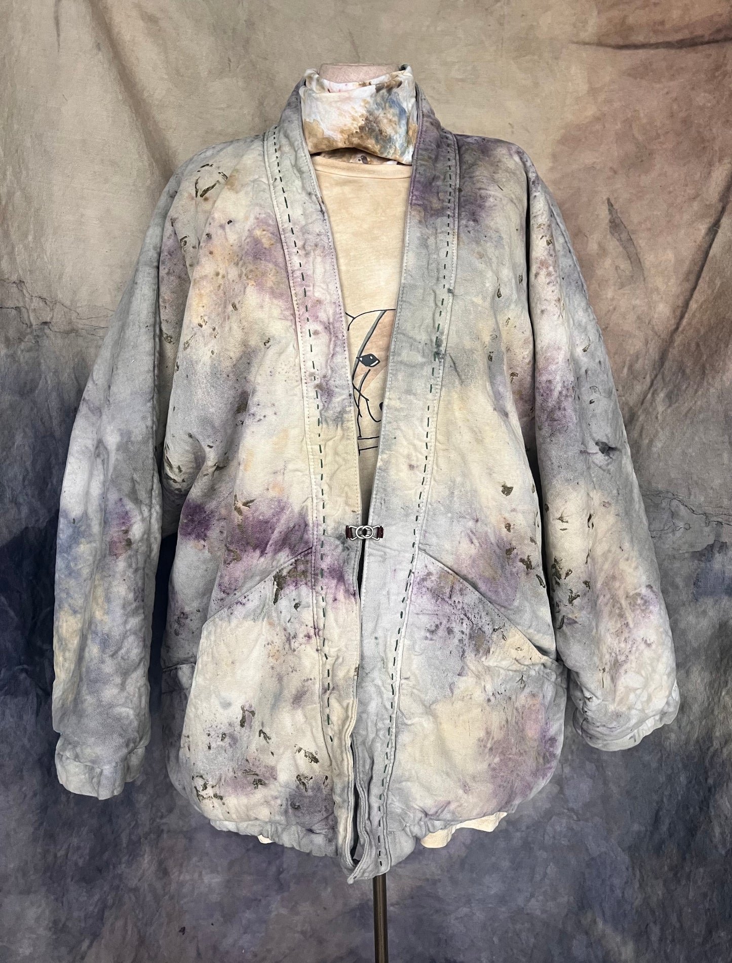 kimono style blanket coat, naturally dyed in a a floral cloud pattern.