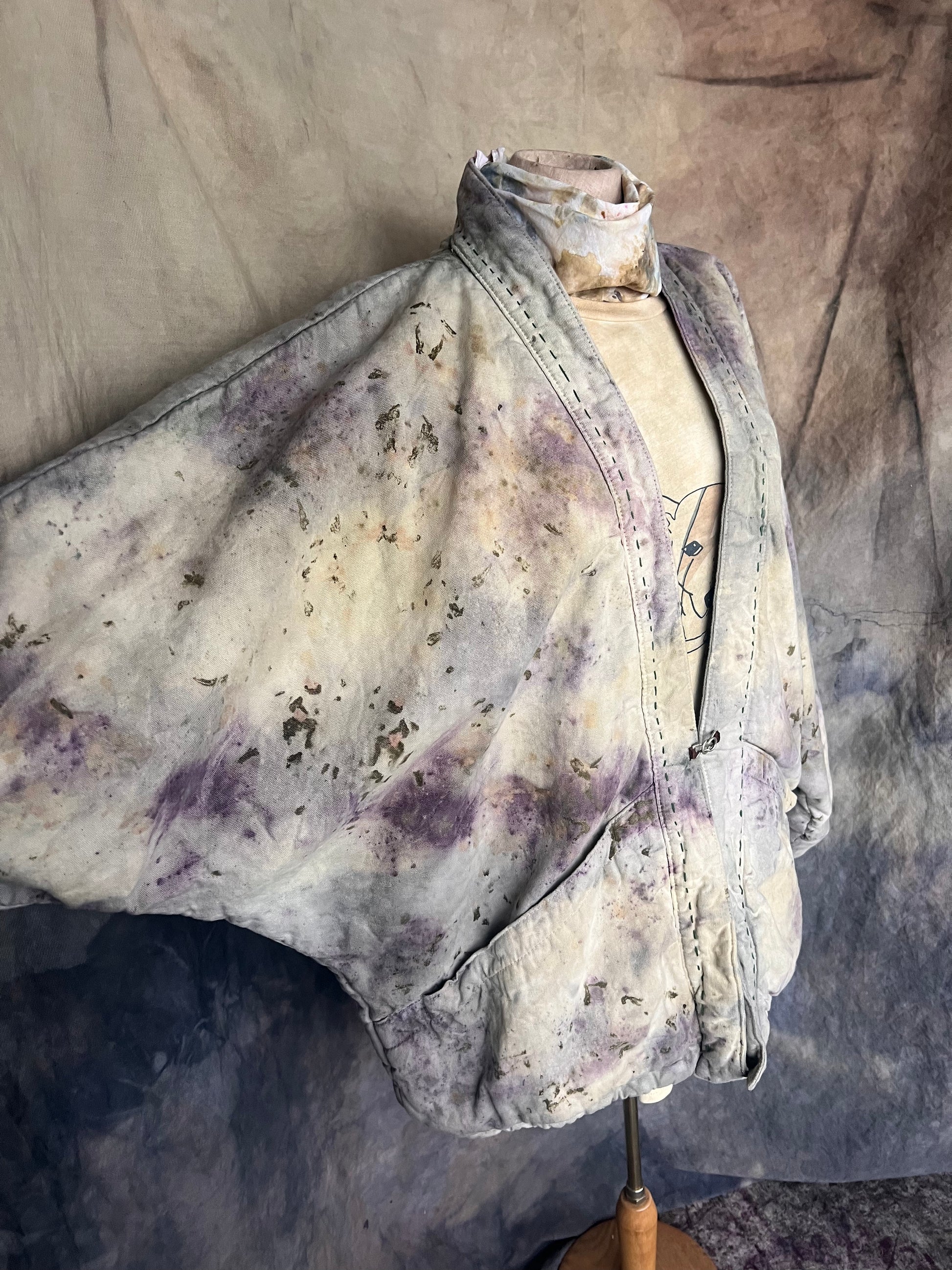 Side view of naturally dyed kimono style coat