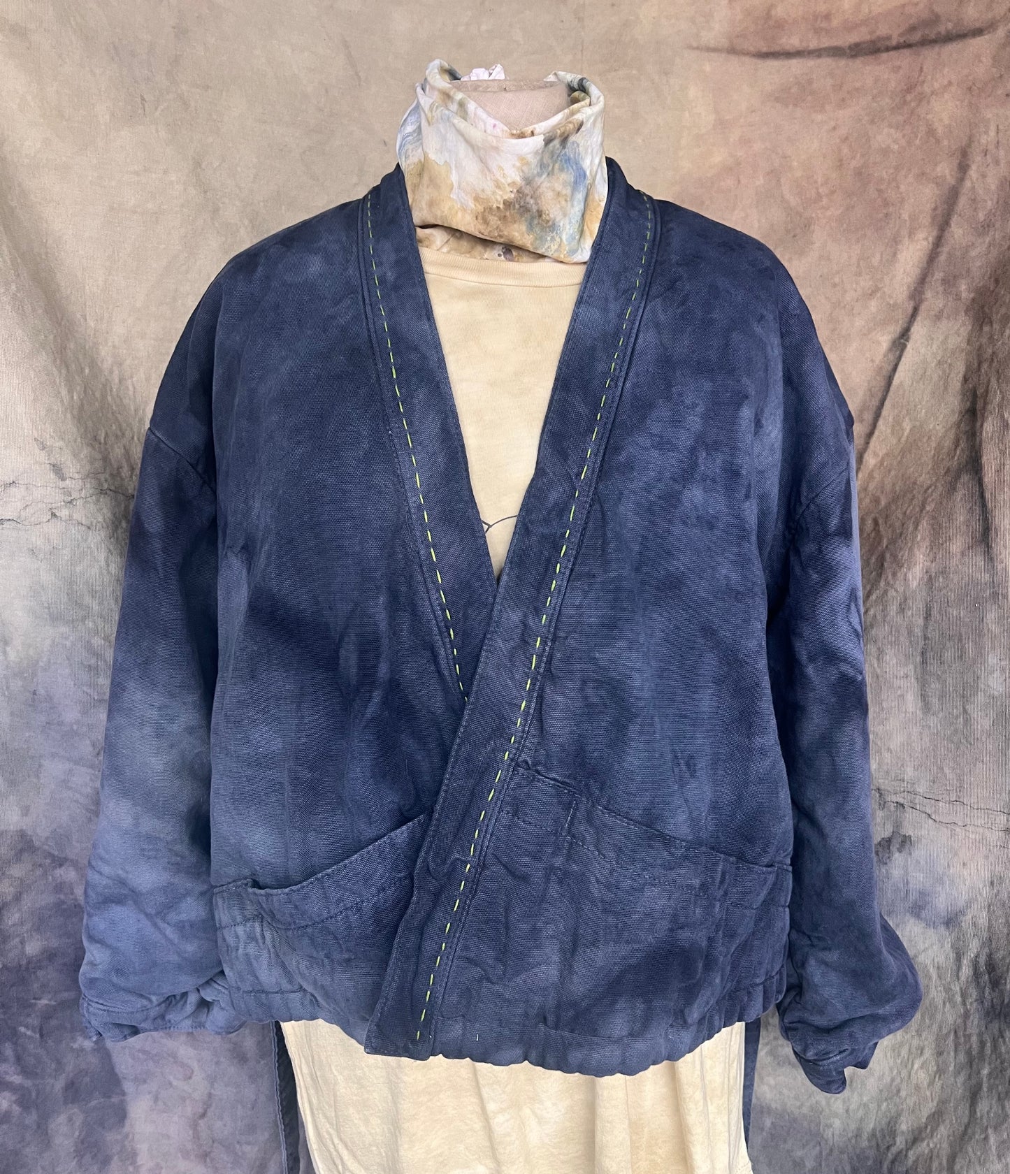 blue indigo short kimono style tie waist coat
