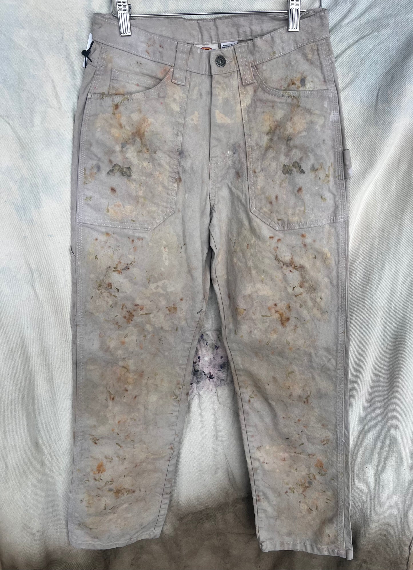 Beige Dickies painters pants dyed with flowers