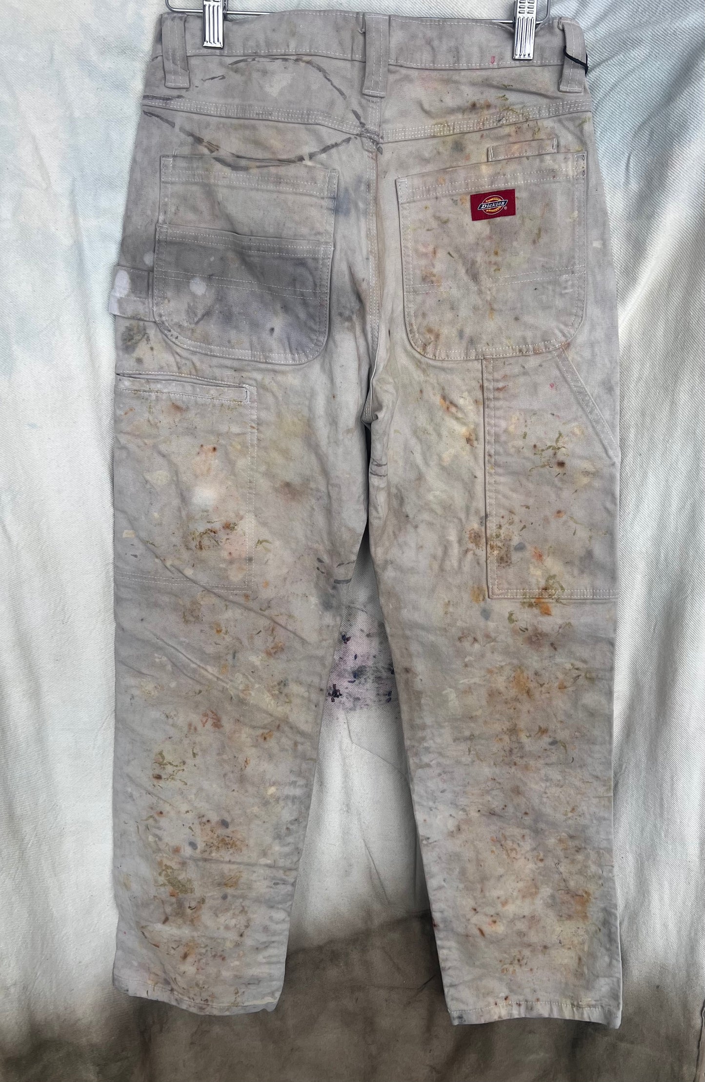 Back view of dickies painters pants dyed with flowers