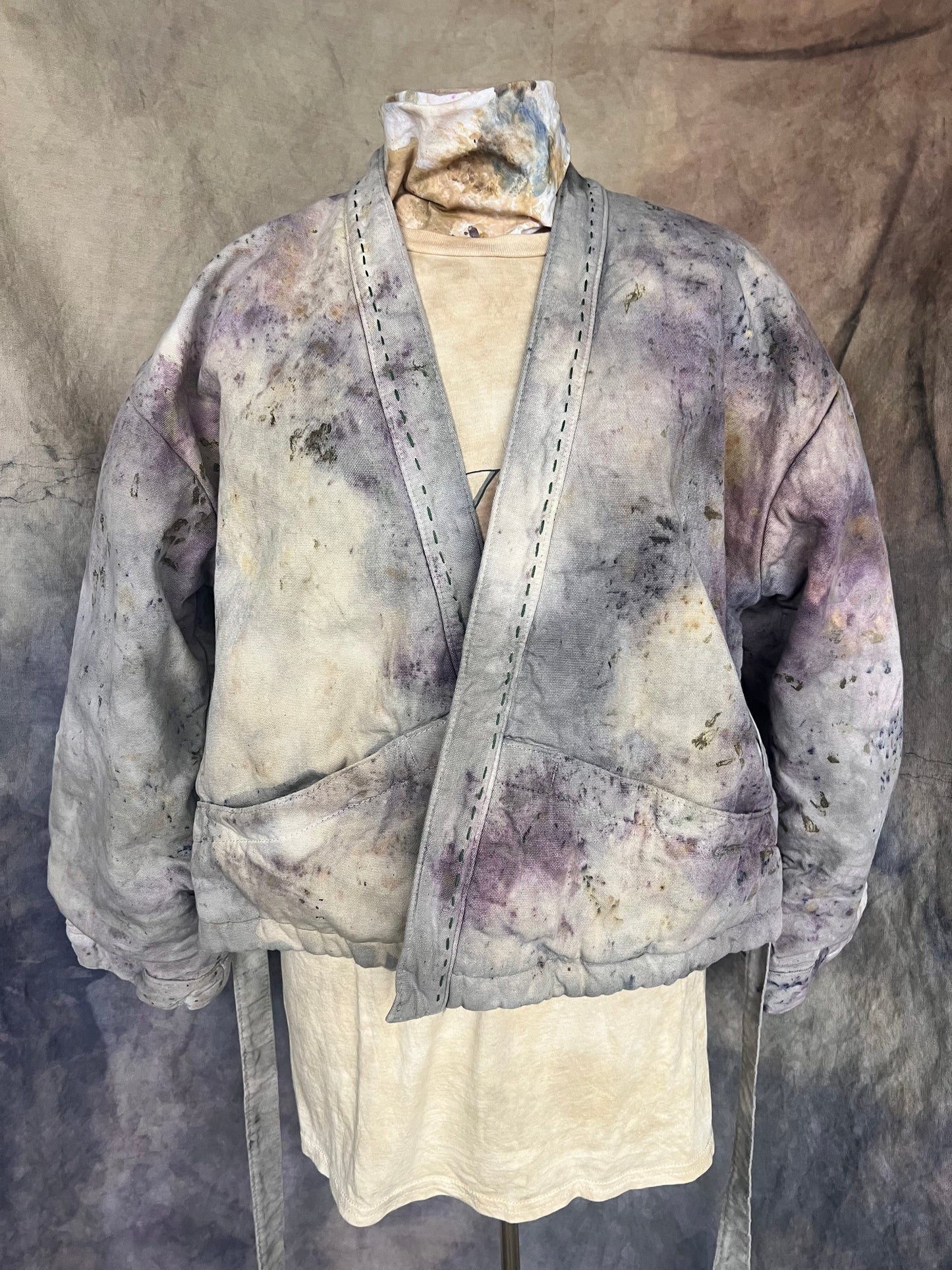 kimono style short coat with tie waist and dyed with a cloud pattern in botanical dyes. 