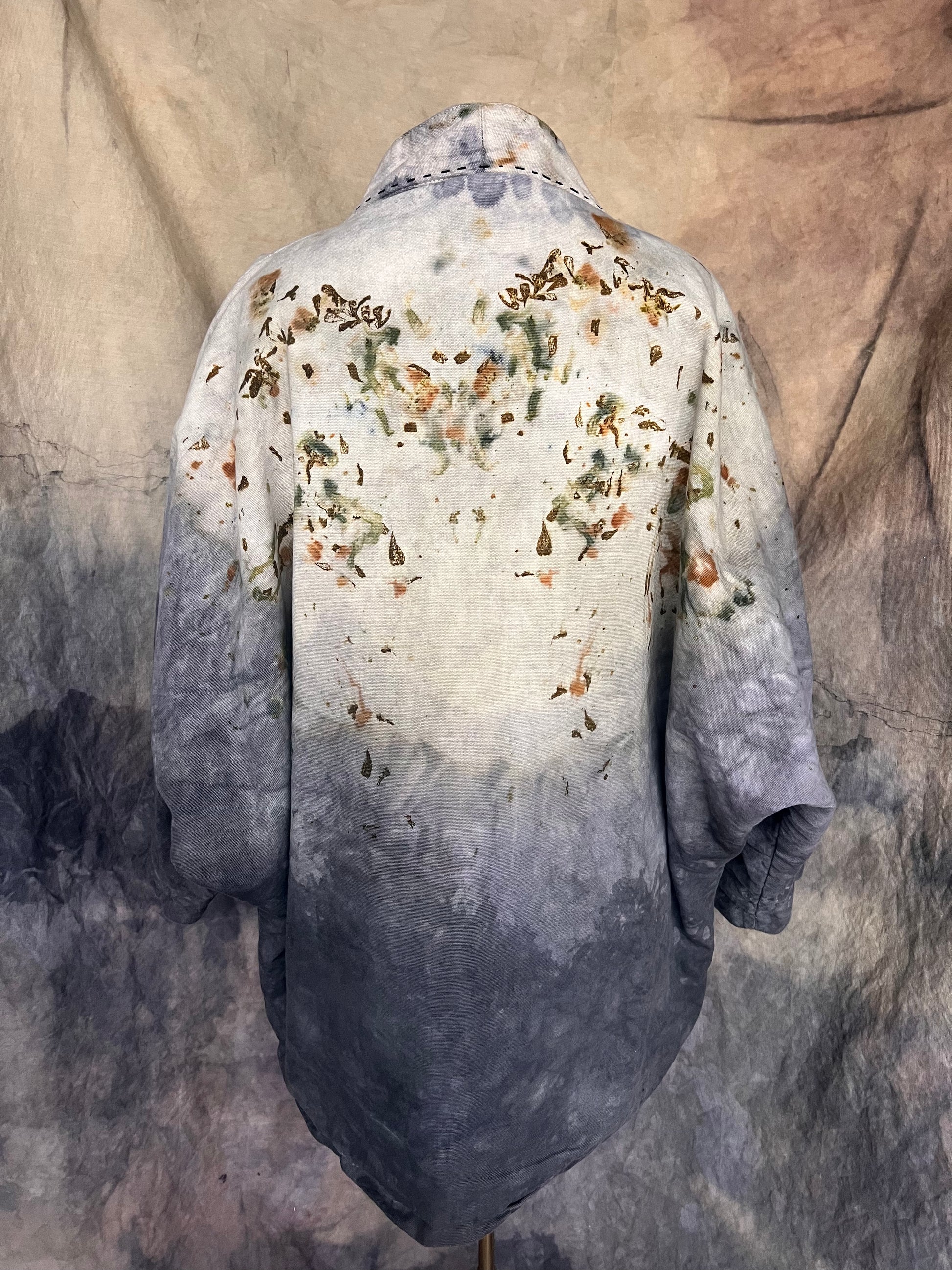 Back view of kimono style naturally dyed with flowers and indigo blue. 