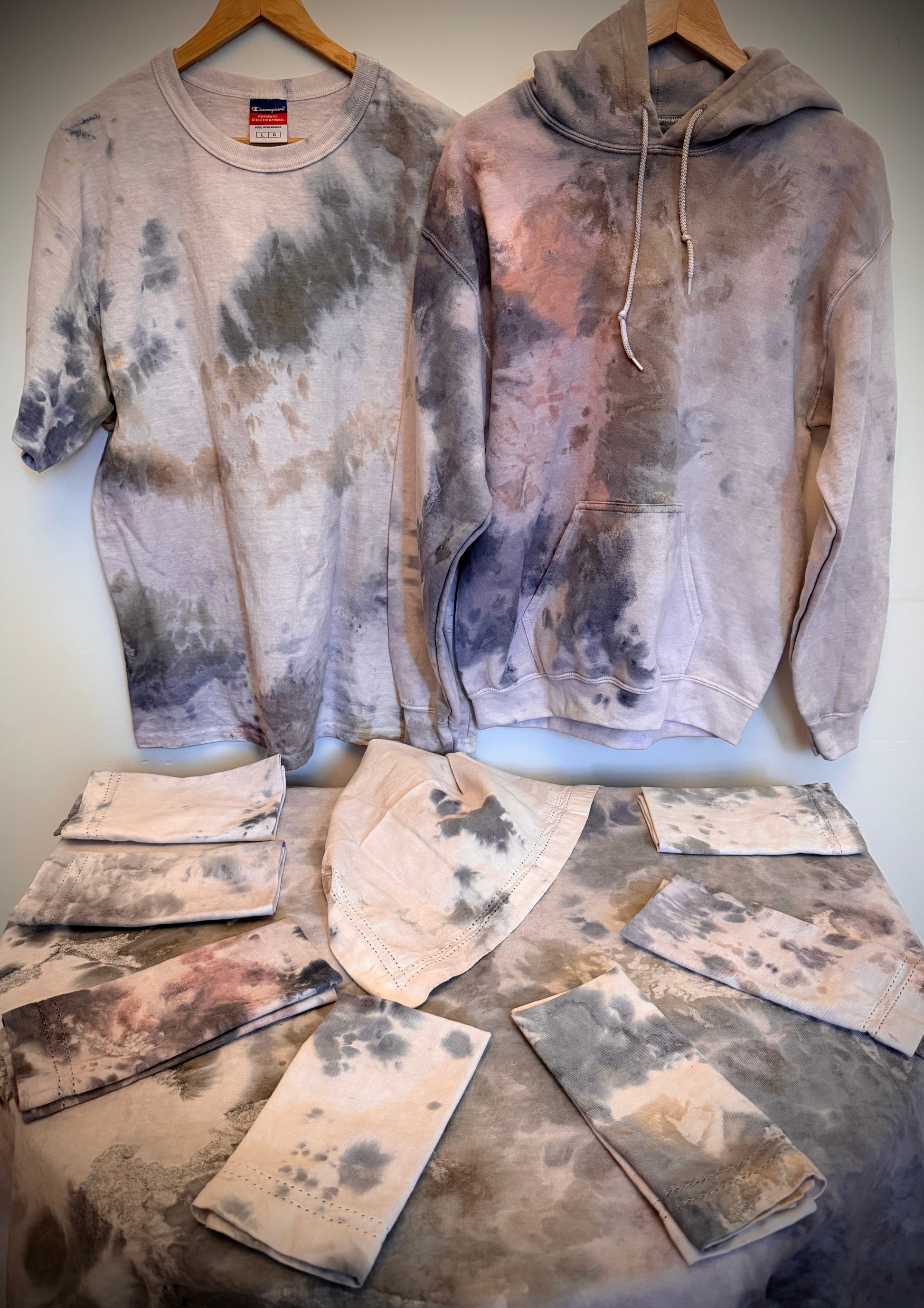 snow dyed with natural dyes hoodie, tee and dining set