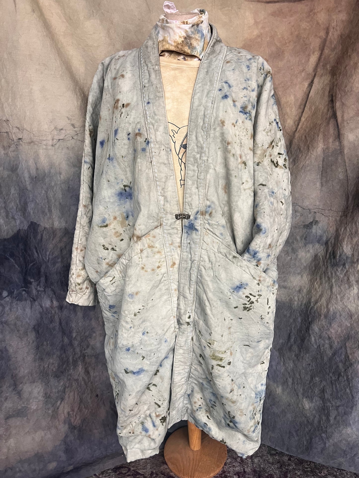 Long cotton canvas blanket style coat with naturally dyed floral pattern