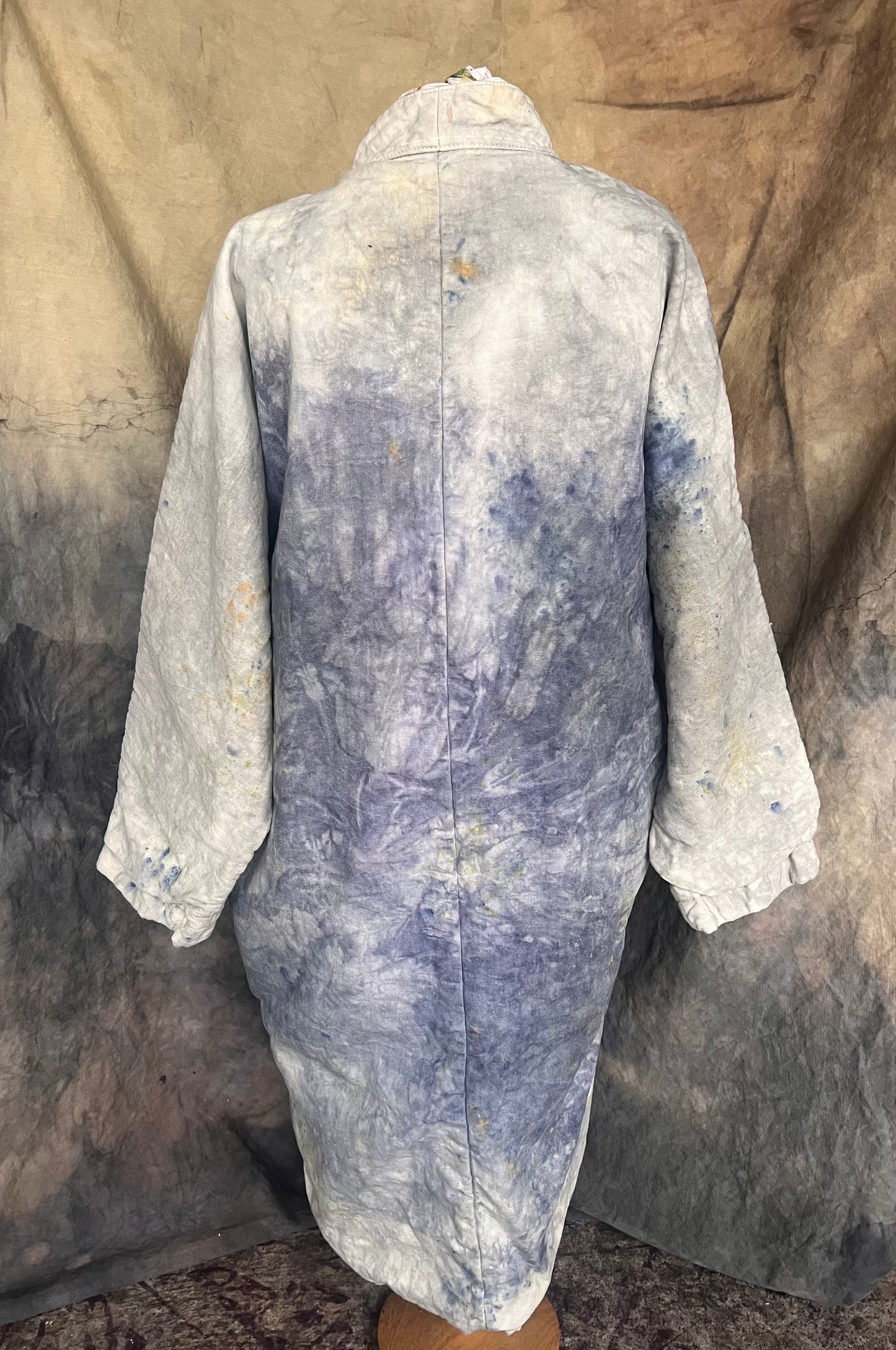 back view of kimono style blanket coat dyed with indigo and flowers.