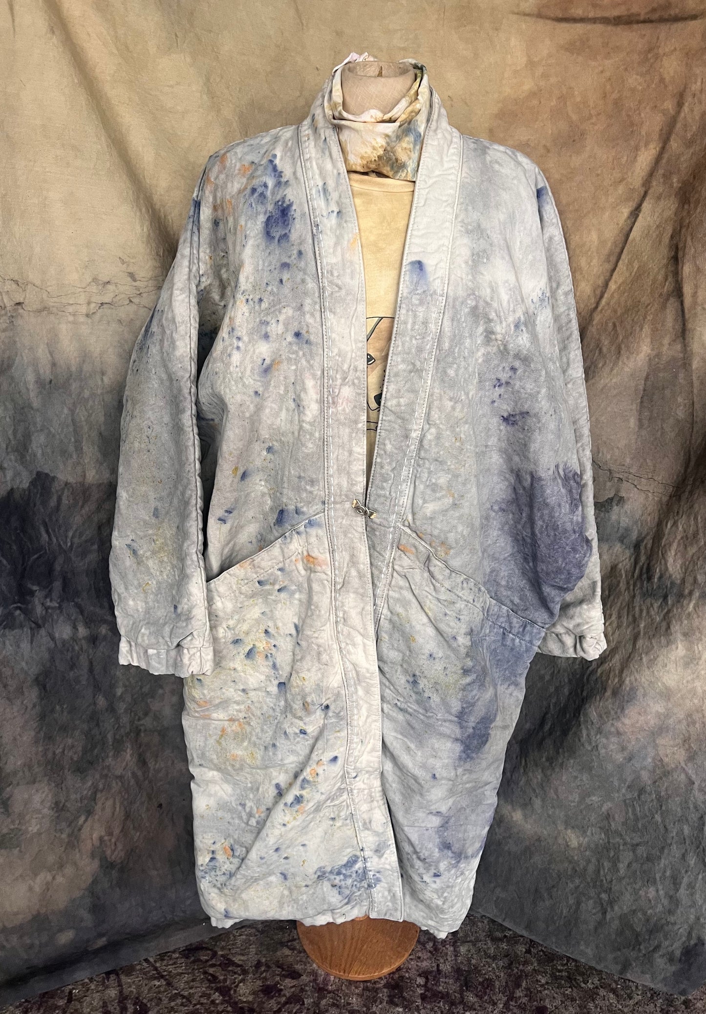 Indigo and flower dyed long coat kimono  blanket coat styled on mannequin. 