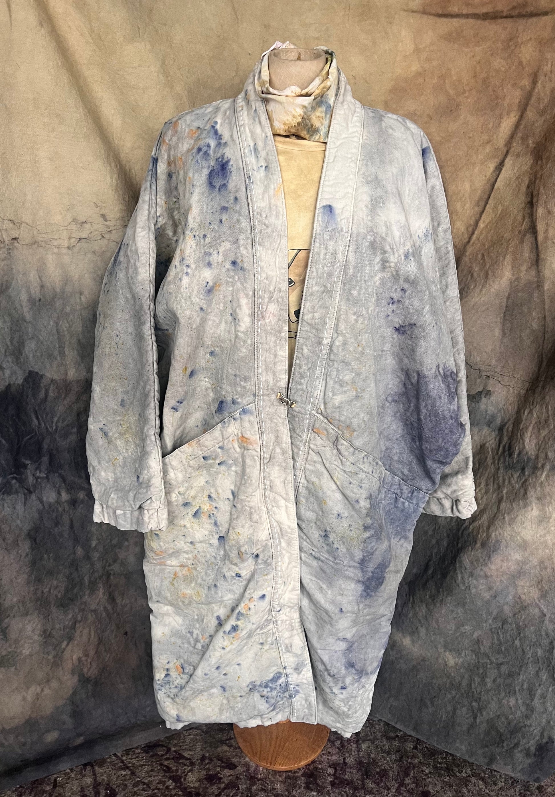 Indigo and flower dyed long coat kimono  blanket coat styled on mannequin. 