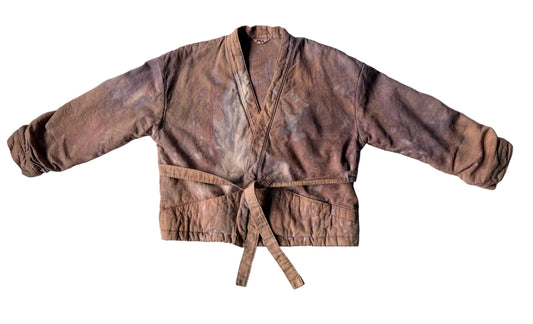 short wrap coat dyed with flowers in rust colors