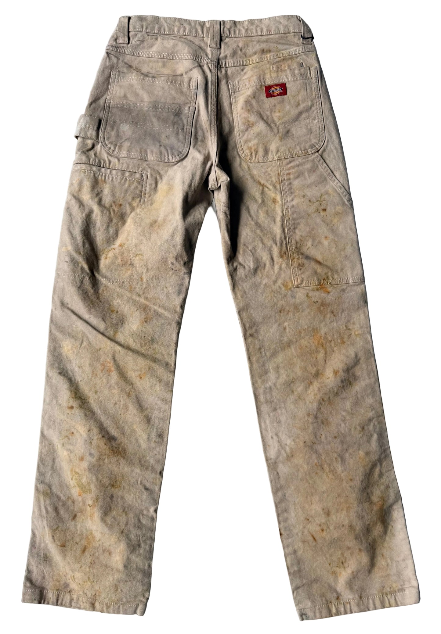 Tan base with botanical sprinkle with marigold and cosmo flowers painters pants backside 