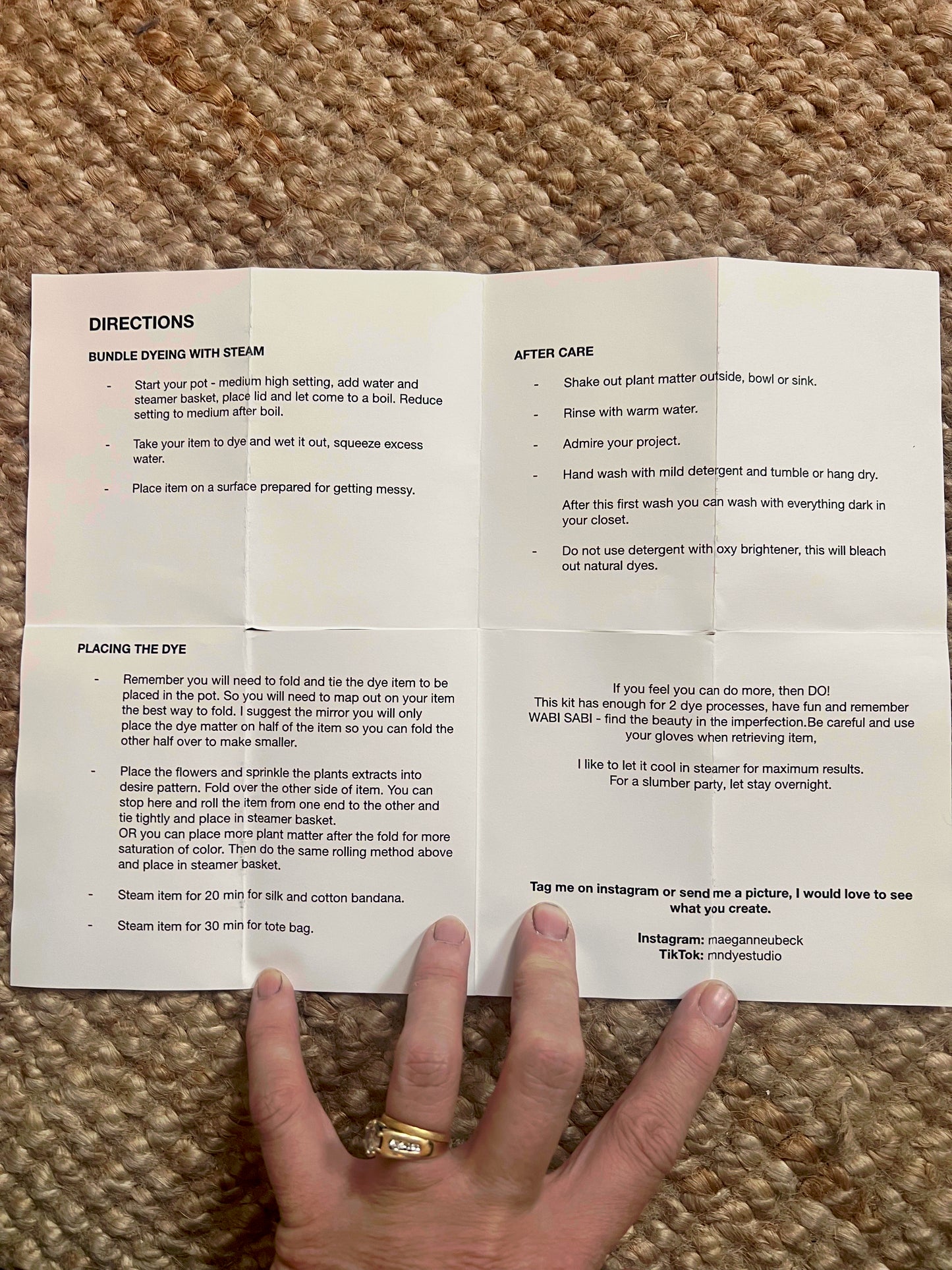 Directions on backside of booklet