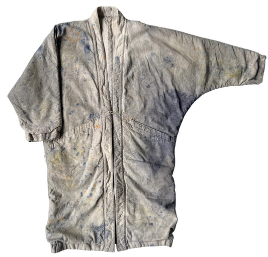 long blanket coat dyed with indigo and flowers