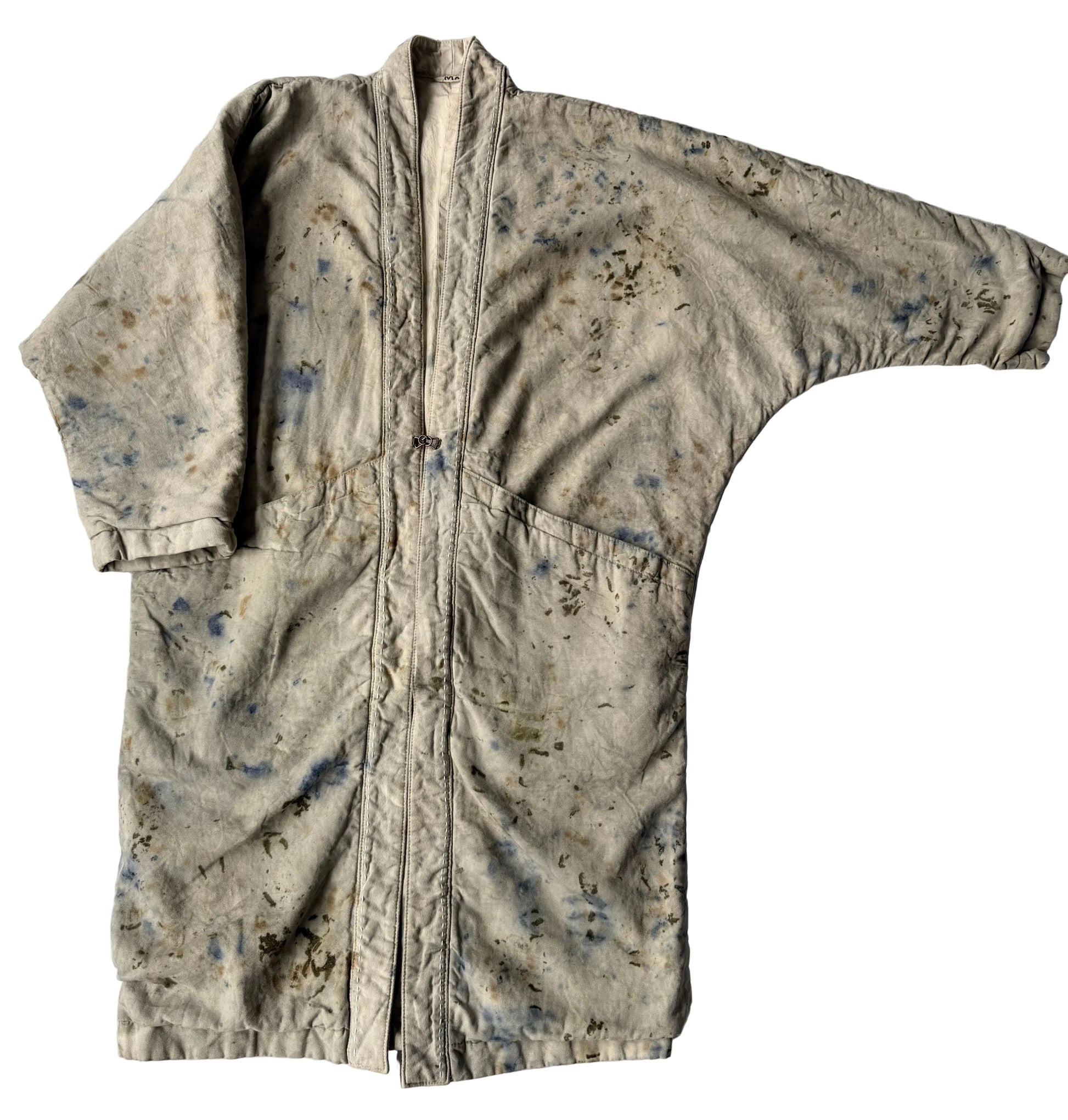 Long blanket coat dyed with flowers with a sage green base and pops of color