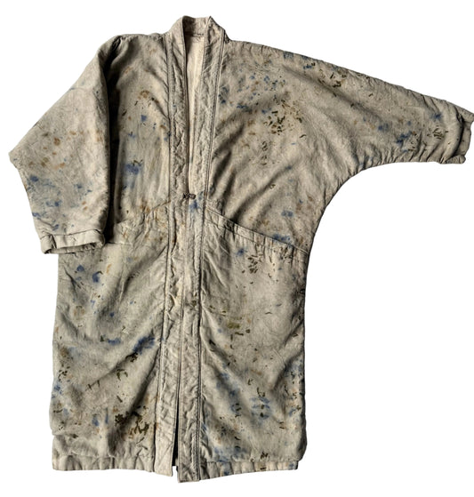 Long blanket coat dyed with flowers with a sage green base and pops of color