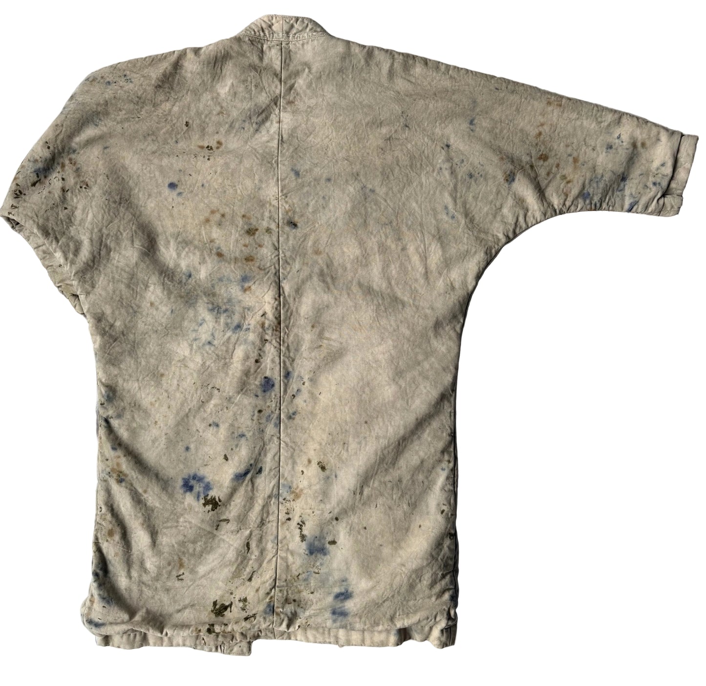 long blanket coat backside with sage green base and pops of color