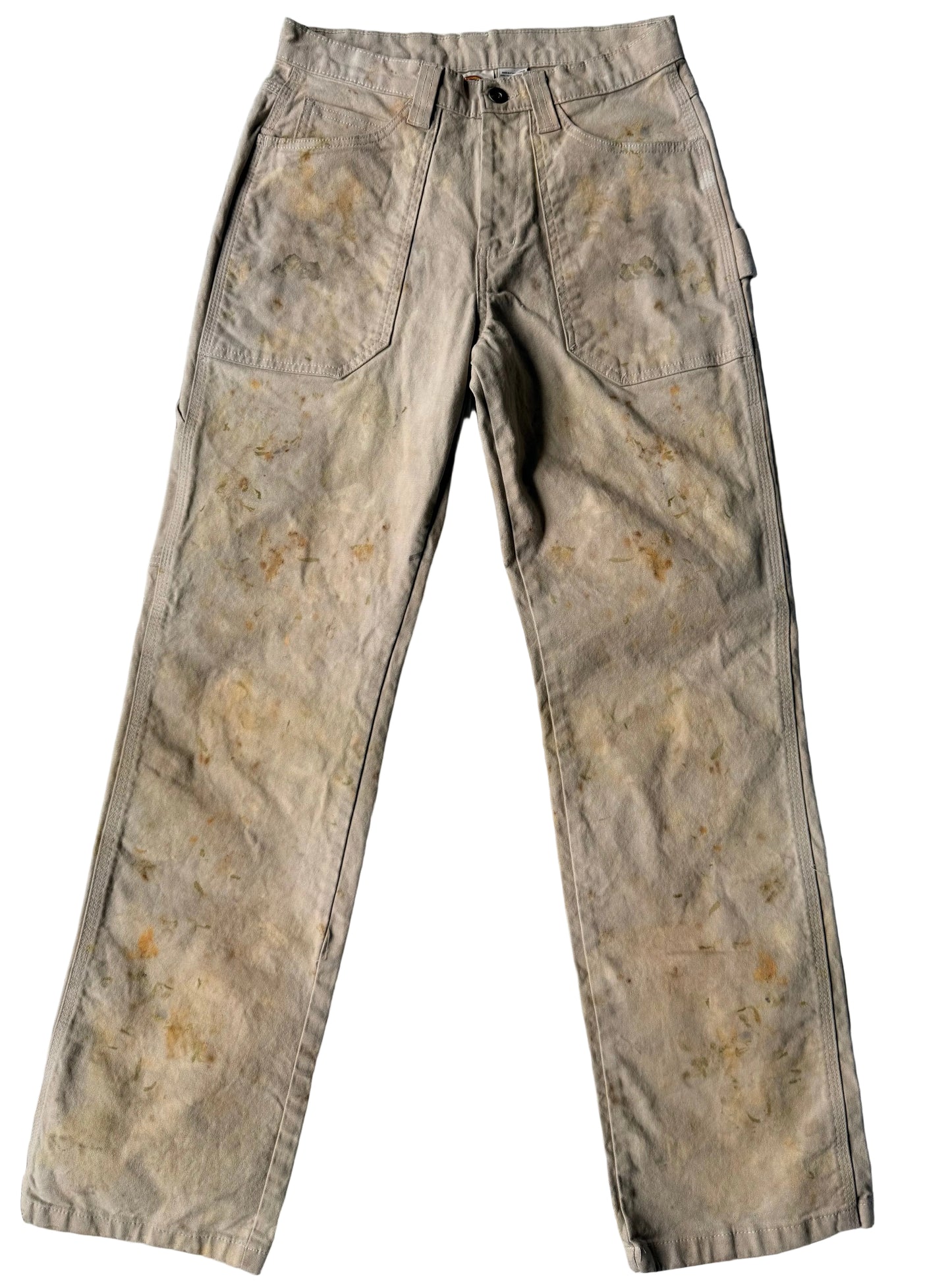 tan base with botanical sprinkle with marigold and cosmo flowers painters pants front side